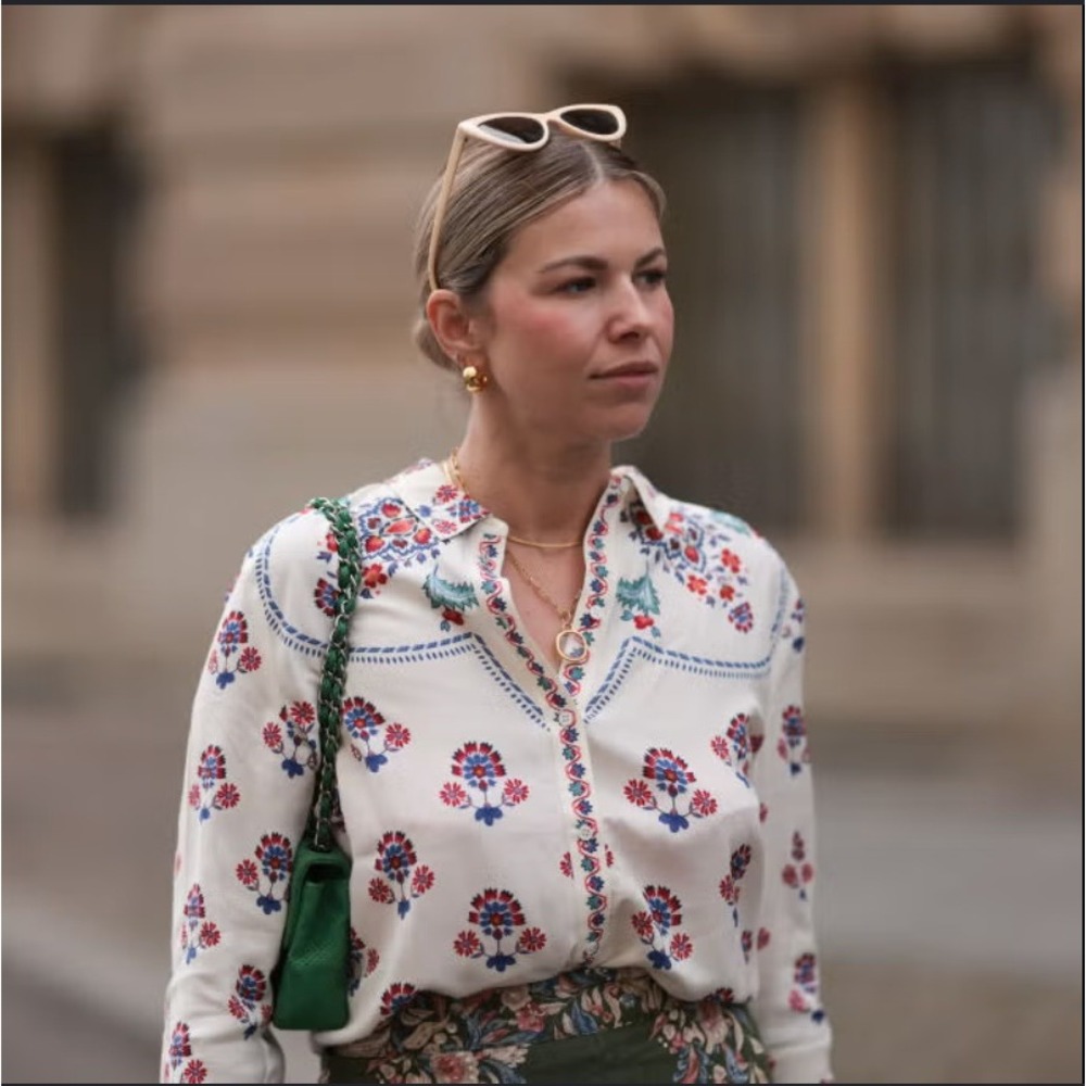 Sezane Pierro Shirt White Floral Western Print Wool Blend Size 36